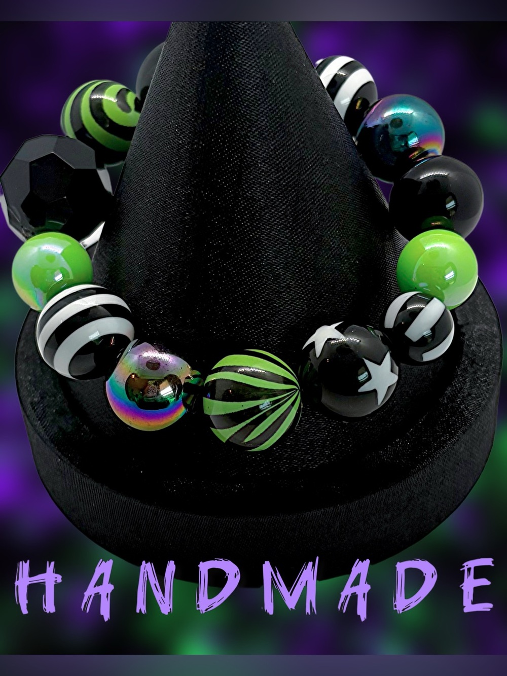 Handmade Black + Lime Green Chunky Beaded Stretch Bracelet